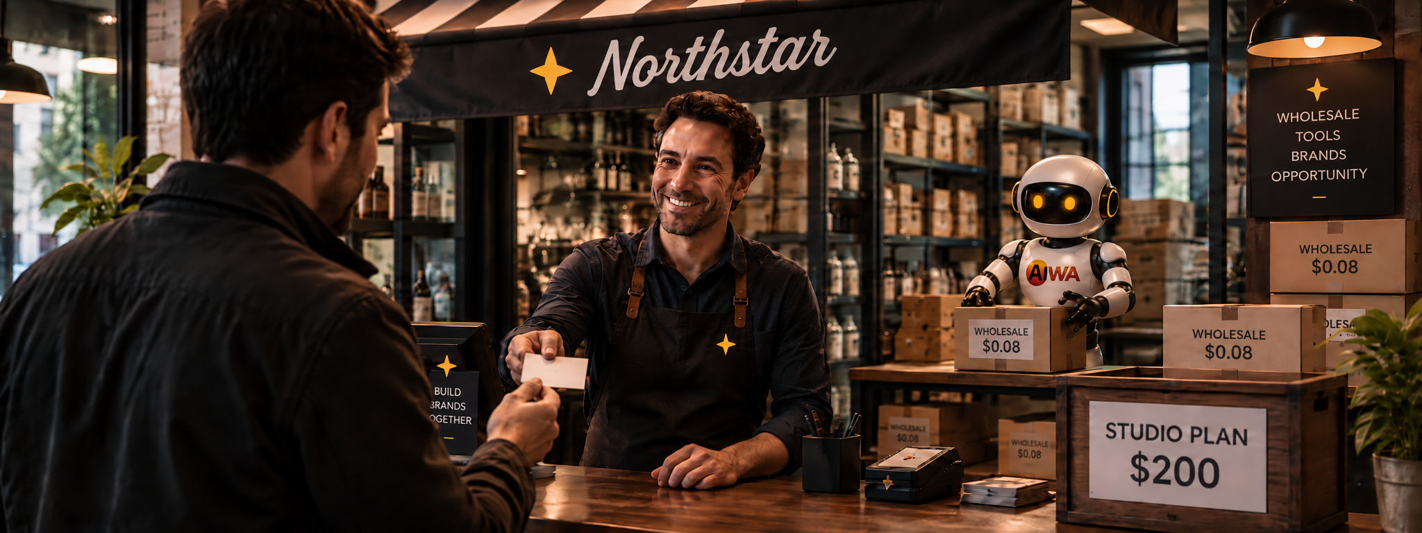 Northstar wholesale storefront: customer pays for a Studio plan while AIWA supplies partner credits